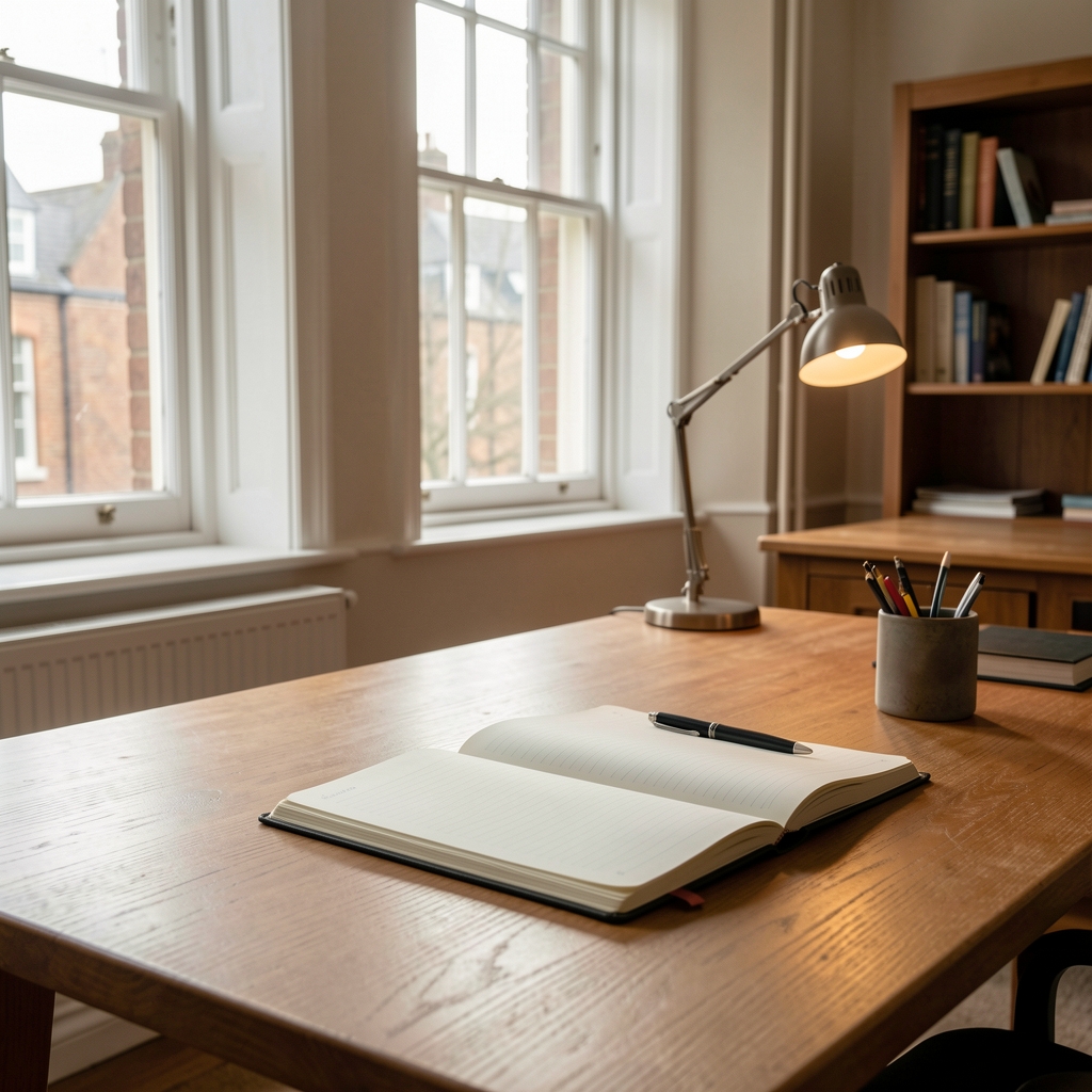Editorial desk in a quiet London workspace, notebook open, afternoon light through tall windows, minimal objects