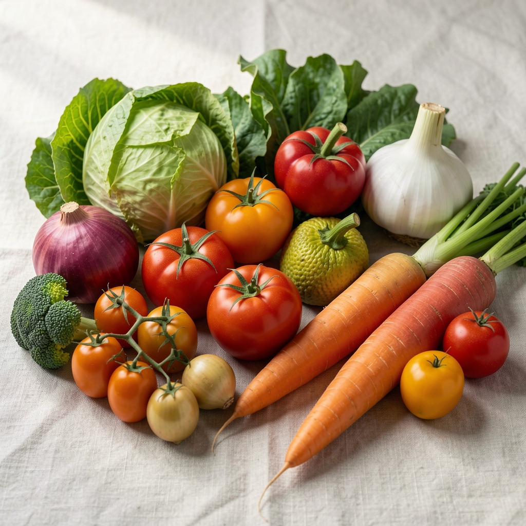 Colourful array of fresh vegetables and leafy greens displayed on a pale grey surface, morning light filtering through a window