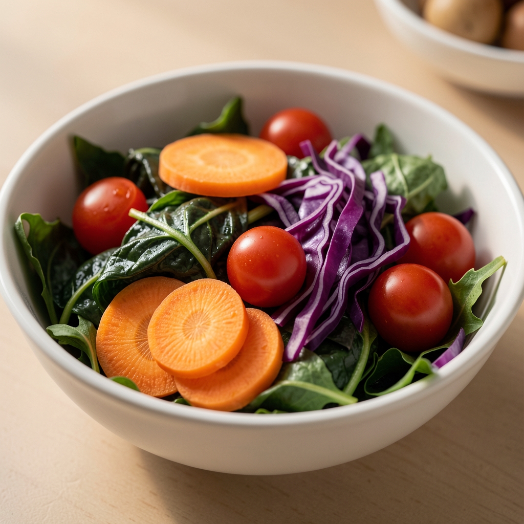 Close-up of a colourful salad bowl with dark greens, orange sliced carrot, cherry tomatoes and purple cabbage under soft indoor lighting