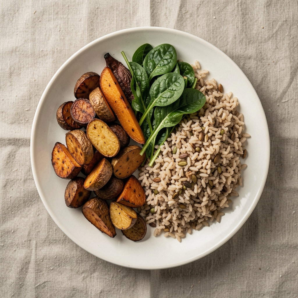 Balanced dinner plate with roasted root vegetables, leafy greens and whole grain, viewed from above on a natural linen surface