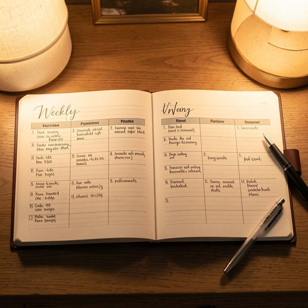 Weekly meal planner spread across two notebook pages with handwritten entries, pen resting on the page, warm lamplight