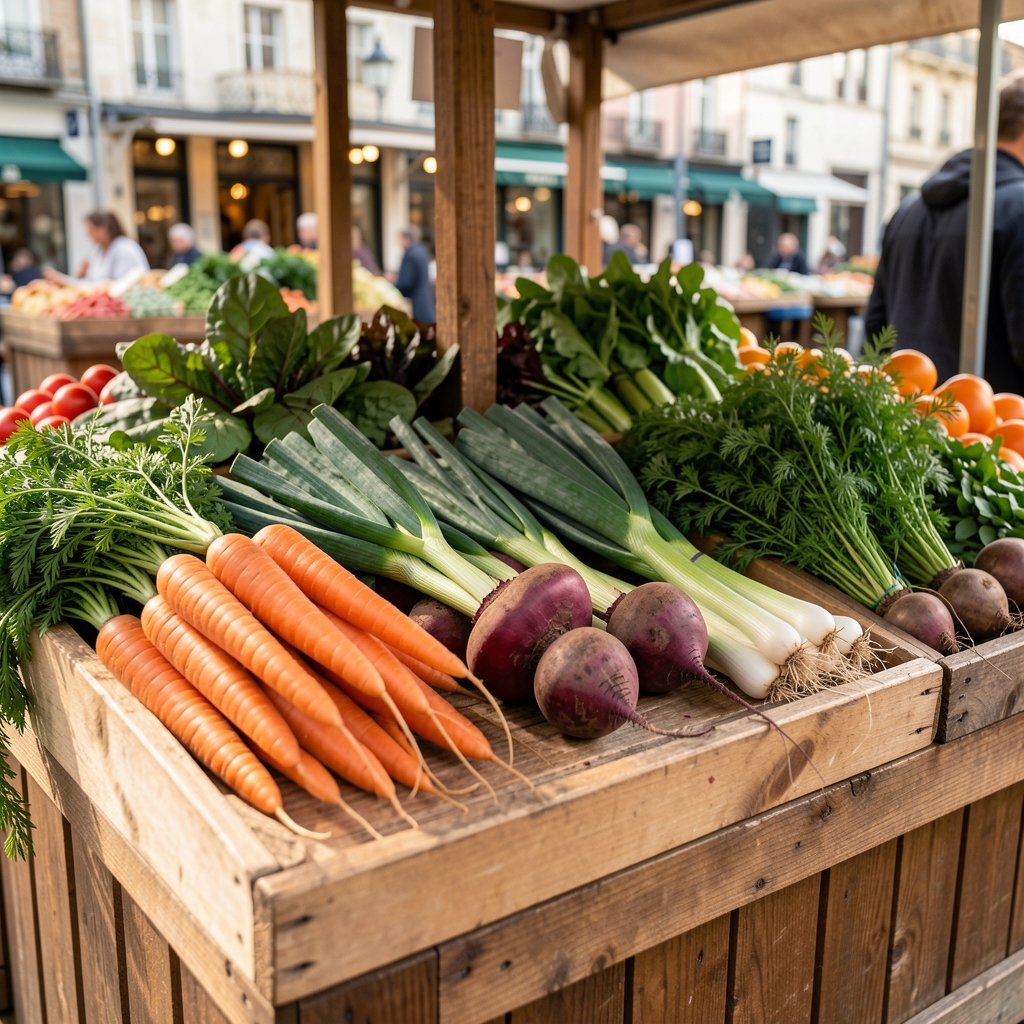 Colourful fresh produce displayed on a wooden market stall including carrots, beetroot, spring onions and herbs, natural outdoor light