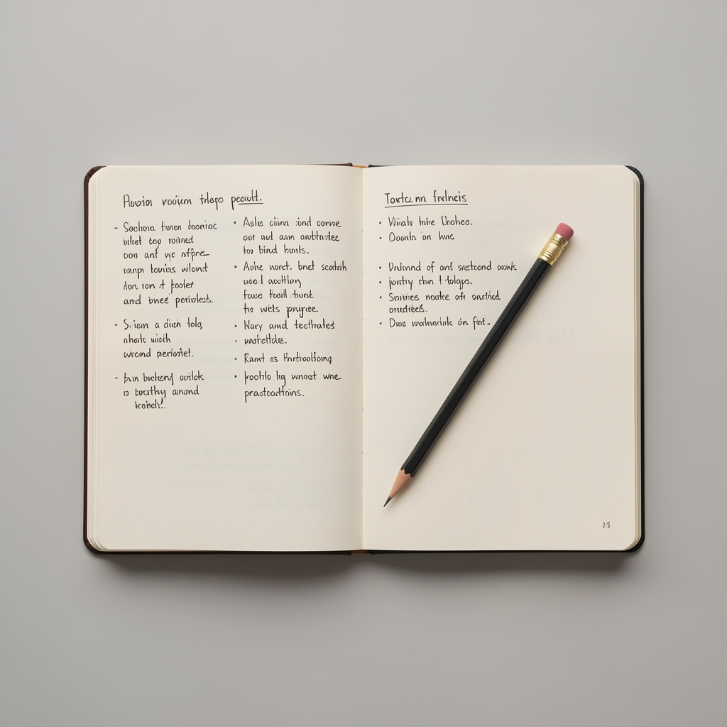 Open notebook with editorial annotations and a pencil, laid flat on a plain desk surface under consistent overhead lighting